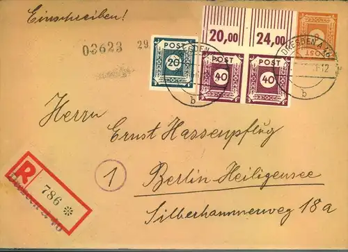 1946, portogerrechtes Einschreiben 2. Gewicht ab DRESDEN A 46 frankiert u. a. mit waagerechtem Oberrandpaar 40 Pfg. Ziff