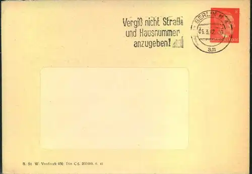 1942, Umschlag der Berliner Wasserwerke mit 8 Pfg. Hitler Wertstempel gelaufen ab BERLIN N 4