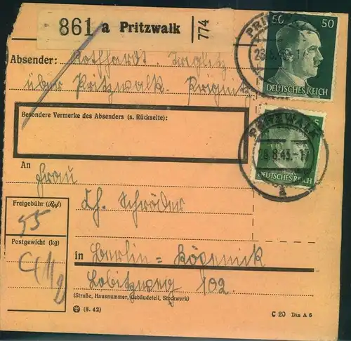 1943, Paketkarte ab PRITZWALK nach Berlin-Köpenick.