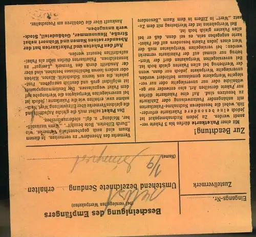 1943, Paketkarte ab PRITZWALK nach Berlin-Köpenick.