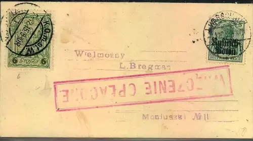 1915, Drucksache mit 5 Pfg. Germania IN WARSCHAU mit 6 Gr. Lokalpost mit Stempel ""K.O.m.st.W."" und rotem Ra1 ""WRECZEN