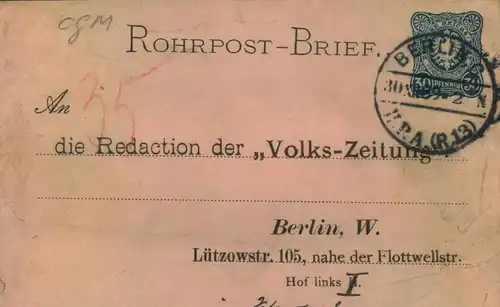 1889, BERLINER POSTGESCHICHTE, Rohpostumschlag, Vordruck