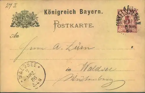 1886, BAYERN STEMPEL: DINKELSCHERBEN, auf 5 Pfg. GSK