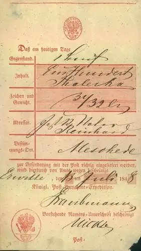 1848, ERWITTE, Postschein