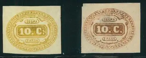 1863, 10 C. postage due stamp in two different shades of brown. Both without gum.