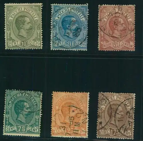 1884, Paketmarken- PACCHI POSTALI: König Umberto 10 Ctm.-1,75 L. 10 Ctm sauber ungebraucht, die anseren Marken gestempel