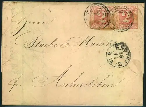 1851, 2 Silbergroschen rosarot zweimal auf Faltbriefhülle ab GOTHA nach Aschersleben.