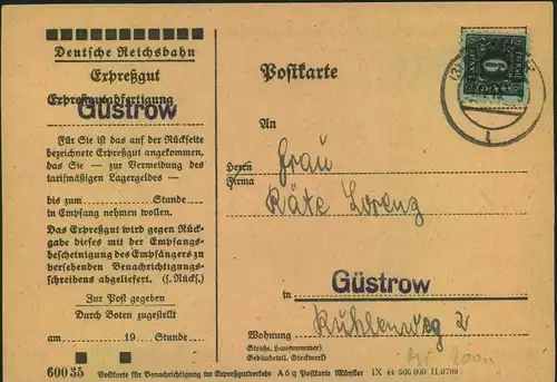 1945, 6 Pfg. Ziffer schwarz auf grün als erzwungene Einzelfrankatur auf Orts-Abholkarte das Bahnhofs ""(3) GÜSTROW 21.12