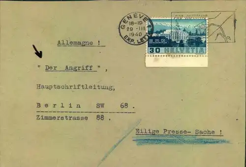 1940, Brief mit Zensur aus der Schweiz an die Schritleitung ""Der Angriff"".