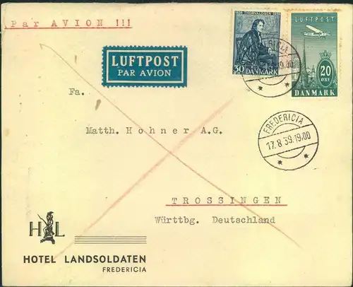 1939, Luftpostbrief ab FREDERICIA nach Deutschland