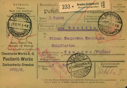 1924/1925, Selbsbucher-Paketkarte  "Gebühr bezahlt" - nach Finnland - DRESDEN-ZSCHACHWITZ