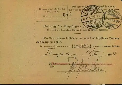 1924/1925, Selbsbucher-Paketkarte  "Gebühr bezahlt" - nach Finnland - DRESDEN-ZSCHACHWITZ