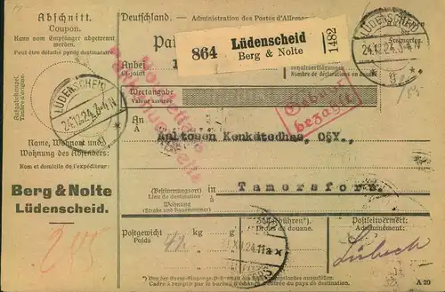 1924/1925, Selbsbucher-Paketkarte  "Gebühr bezahlt" - nach Finnland - LÜDENSCHEID