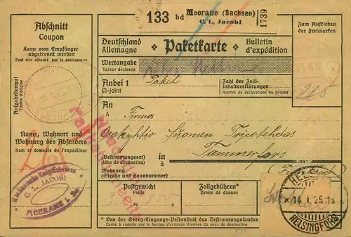 1924/1925, Selbsbucher-Paketkarte  "Gebühr bezahlt" - nach Finnland - MEERANE (SACHSEN)