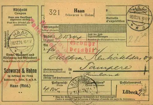 1924/1925, Selbsbucher-Paketkarte  "Gebühr bezahlt" - nach Finnland - HAAN