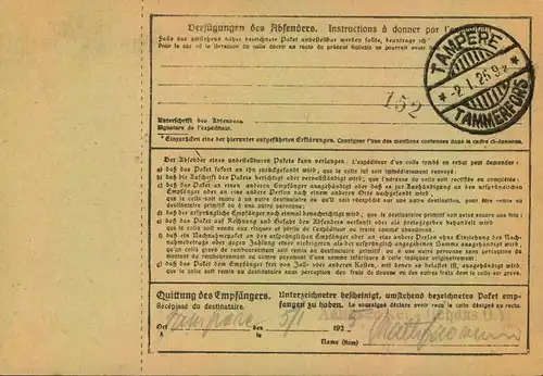 1924/1925, Selbsbucher-Paketkarte  "Gebühr bezahlt" - nach Finnland - HAAN