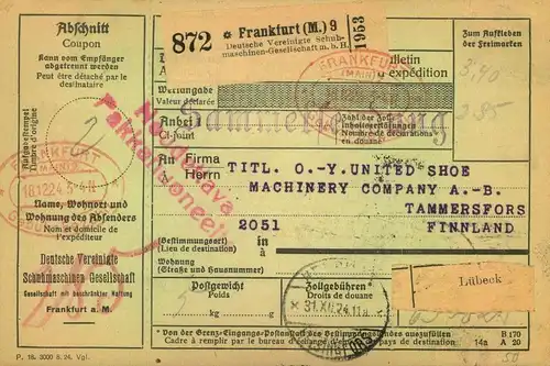 1924/1925, Selbsbucher-Paketkarte  "Gebühr bezahlt" - nach Finnland - FRANKFURT (M.)