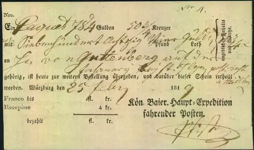 1819, Ortsdruck Fahrpost - Schein, WÜRZBURG