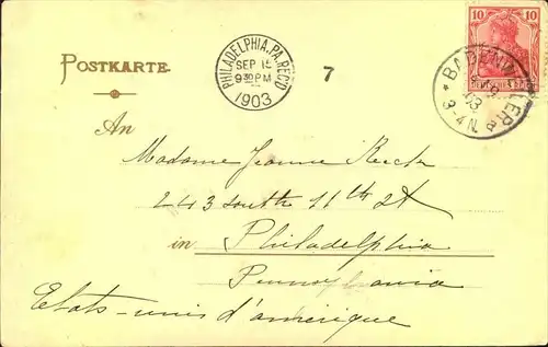 1903, Karte ab BADENWEILER nach Philadelphia