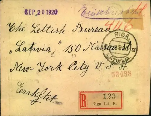 1920: registered letter with multiple franking from RIGA to New York