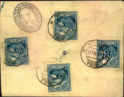 1920: registered letter with multiple franking from RIGA to New York