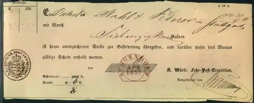 1857: SCHORNDORF, roter (!) Steigbügelstempel auf Fahrpost-Schein - In rot ist dieser Stempel nicht registriert.