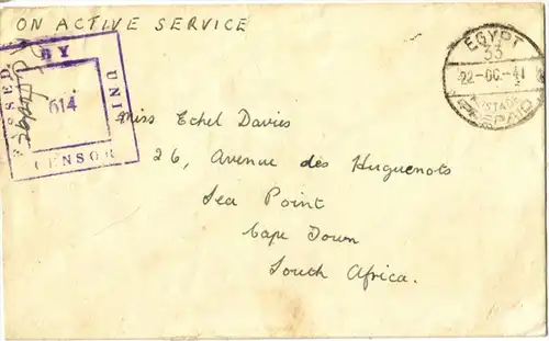 1941: Field Post from EGYPT to Cape Town South Africa PASSED BY UNIT CENSOR