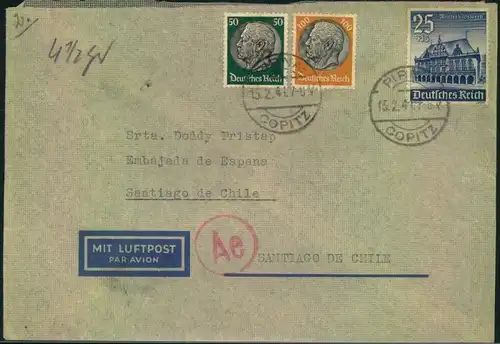 1941, Luftpost ab PIRNA COPITZ nach Santiago de Chile. Zensur Durchlaufstempel "Ae"