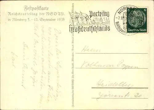 1938, Festpostkarte Reichsparteitag, Sonderstempel NÜRNBERG, Propaganda
