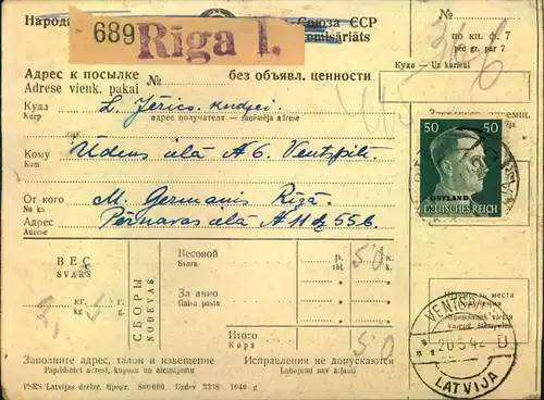 1942, Russische Paketkarte mit 50 Pfg. Hitler als Einzelfrankatur ab RIGA nach VENTSPILS.