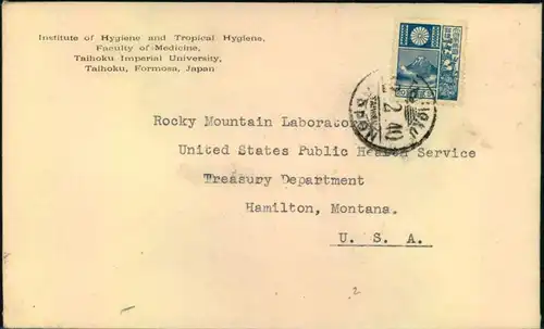 1940, letter from TAIHOKU, FORMOSA to Hamilton, Montana, USA.