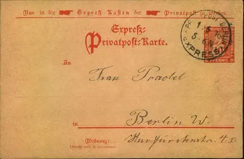 1916, BERLINER PRIVATPOST SPEDITION A.G, 10 Pfg. Expresskarte, spät bedarfsgebaucht.