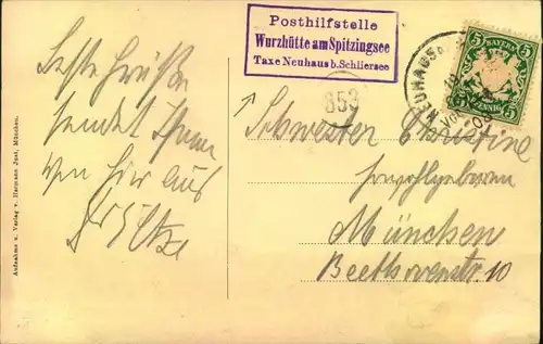 1908, "Posthilfsstelle Wurzhütte am Spitzingsee, Taxe Neuhaus b. Schliersee", Ansicht rückseitig.