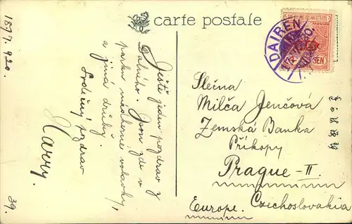 1920, picture postcard sent with 4 Sen and DAIREN I.J.P.O. postmark to Prague.