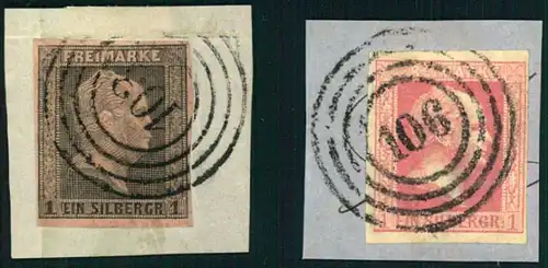 Mi-Nr. 2 und 6 je auf Briefstück mit Berliner Nummernstempel "103" und "106"