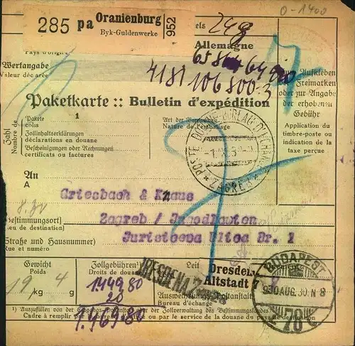 1930, Paketkarte nach Jugoslawien ORANIENBURG, Byk-Guldenwerke - Brandenburg