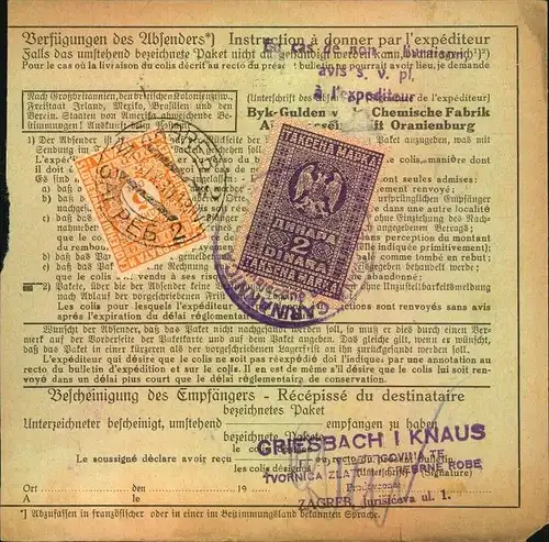 1930, Paketkarte nach Jugoslawien ORANIENBURG, Byk-Guldenwerke - Brandenburg