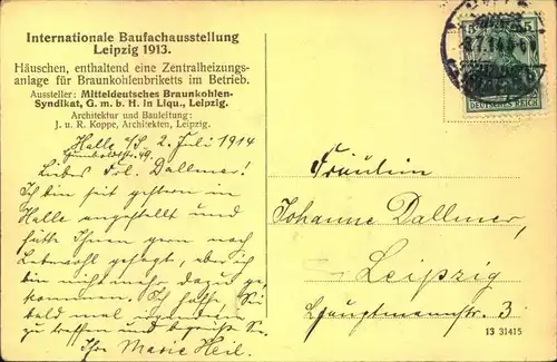 LEIPZIG 1913 Internationale Baufachausstellung, Aussteller: Mitteldeutsches Braunkohlen-Syndikat,