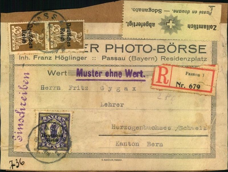1921 Muster Ohne Wert Per Einschreiben Ab Passau In Die Schweiz Nr