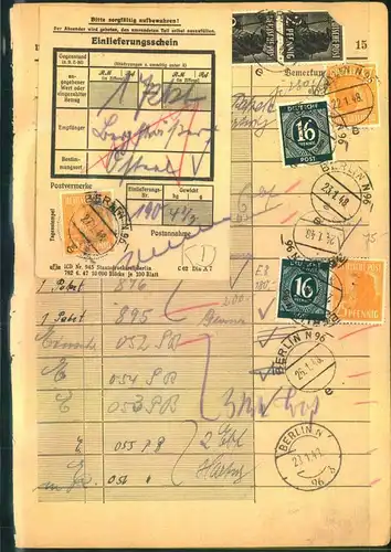 1948, Einlieferungsbuchseite mit aufgeklebtem Einlieferungsschein für 1 Paket und diversen im Buch verklebtem Gebühren.