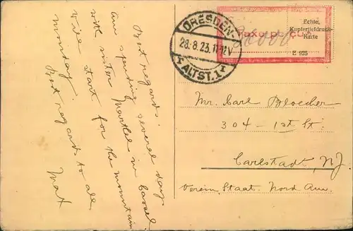 1923, Postkarte ab DRESDEN ALTST. 1  28.8.23 nach USA "Taxe percue"