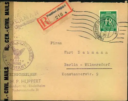 1946, Einschreiben ab FRANKFURT (MAIN) mit seltener Regionalzensur nach Berlin.