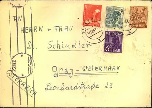 1947, Brief ab STARNBERG nach Graz Österreich mit mit seltener britischer Zensur "ZZBZ" =G="