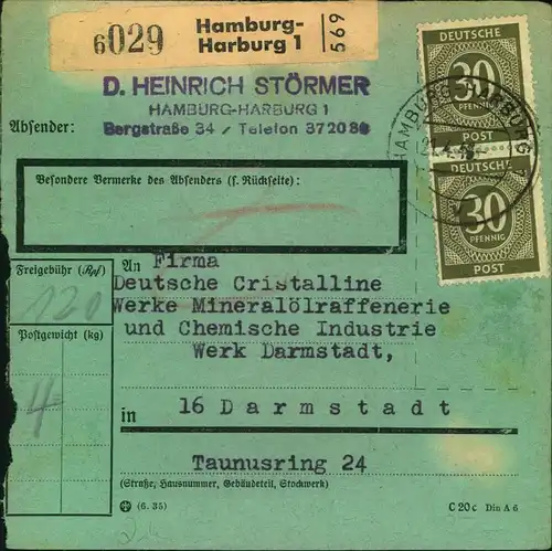 1948, Postgutkarte mit Mehrfachfrankatur von 4-mal 30 Pfg. Ziffer (je vorn und hinten) ab HAMBURG-HARBURG