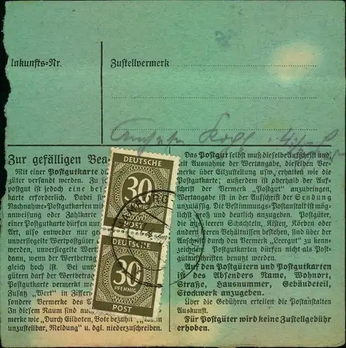 1948, Postgutkarte mit Mehrfachfrankatur von 4-mal 30 Pfg. Ziffer (je vorn und hinten) ab HAMBURG-HARBURG