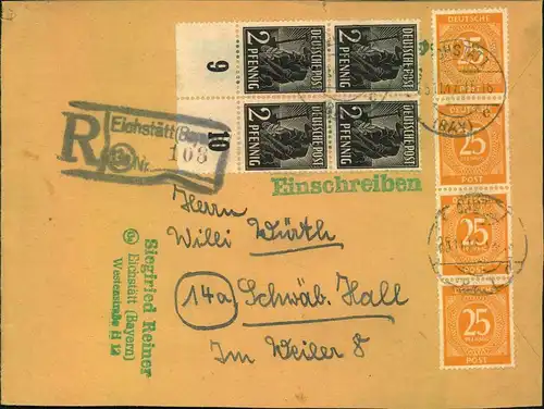 1947, Einchreiben 2. Gewichtsstufe mit Not-R-Stempel EICHSTÄTT (BAYERN) nach Schwäbisch Hall.