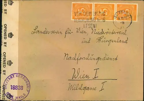 1946, Auslandsbrief mit senkrechten 3-er-Streifen 25 Pfg. Ziffer gelb ab GIESSEN 1