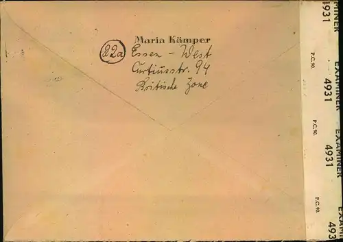 1946, Auslandsbrief mit senkrechten 3-er-Streifen 25 Pfg. Ziffer gelb ab GIESSEN 1