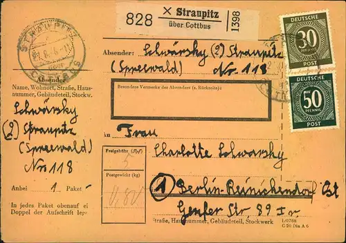 1946, komplette Paketkarte ab STRAUPITZ über Cottbus nach West-Berlin