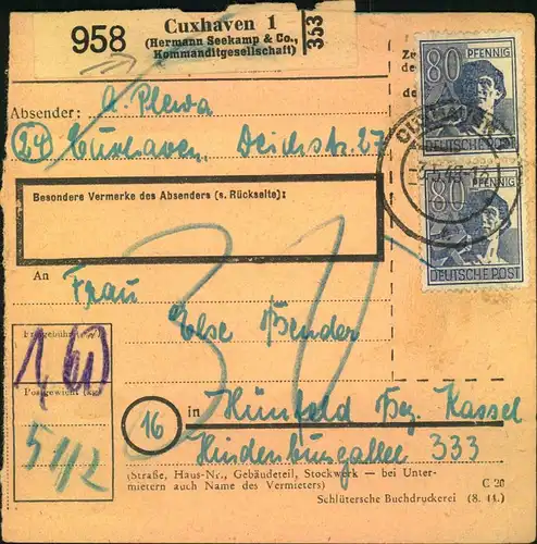 1948, Selbstbucherpaketkarte mit 2-mal 80 Pfg. Arbeiter als bessere MeF ab CUXHAVEN 1